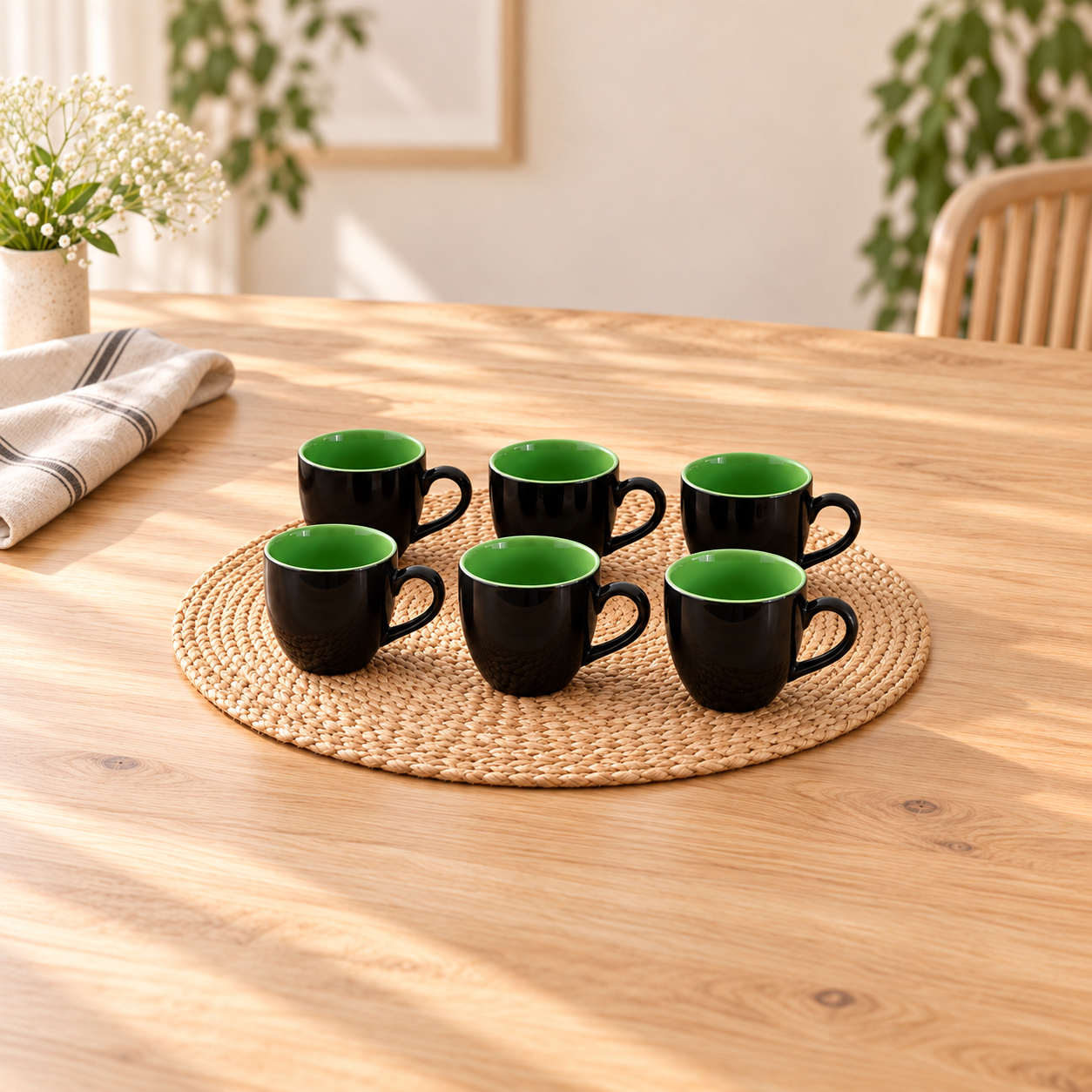 Kunhar Ceramic Tea Cup - 150 Ml, 6 Pieces, Black Green