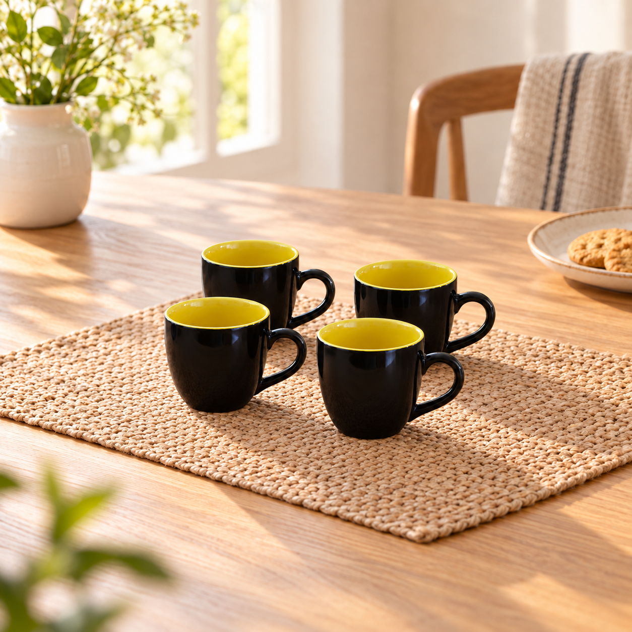 Kunhar Ceramic Tea Cup - 150 Ml, 4 Pieces, Black Yellow