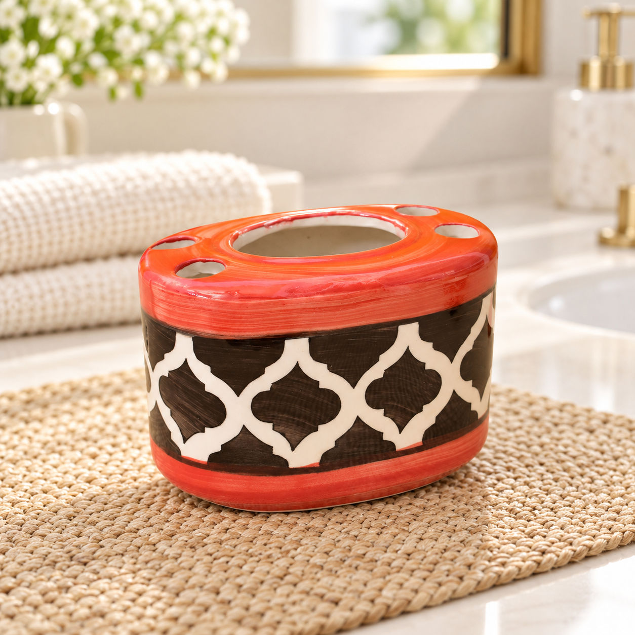 KunhaR Ceramic Toothbrush Holder Stand, Red | 4 Toothbrush Slots & Central Toothpaste Compartment | Bathroom Counter Organizer, 1 Piece
