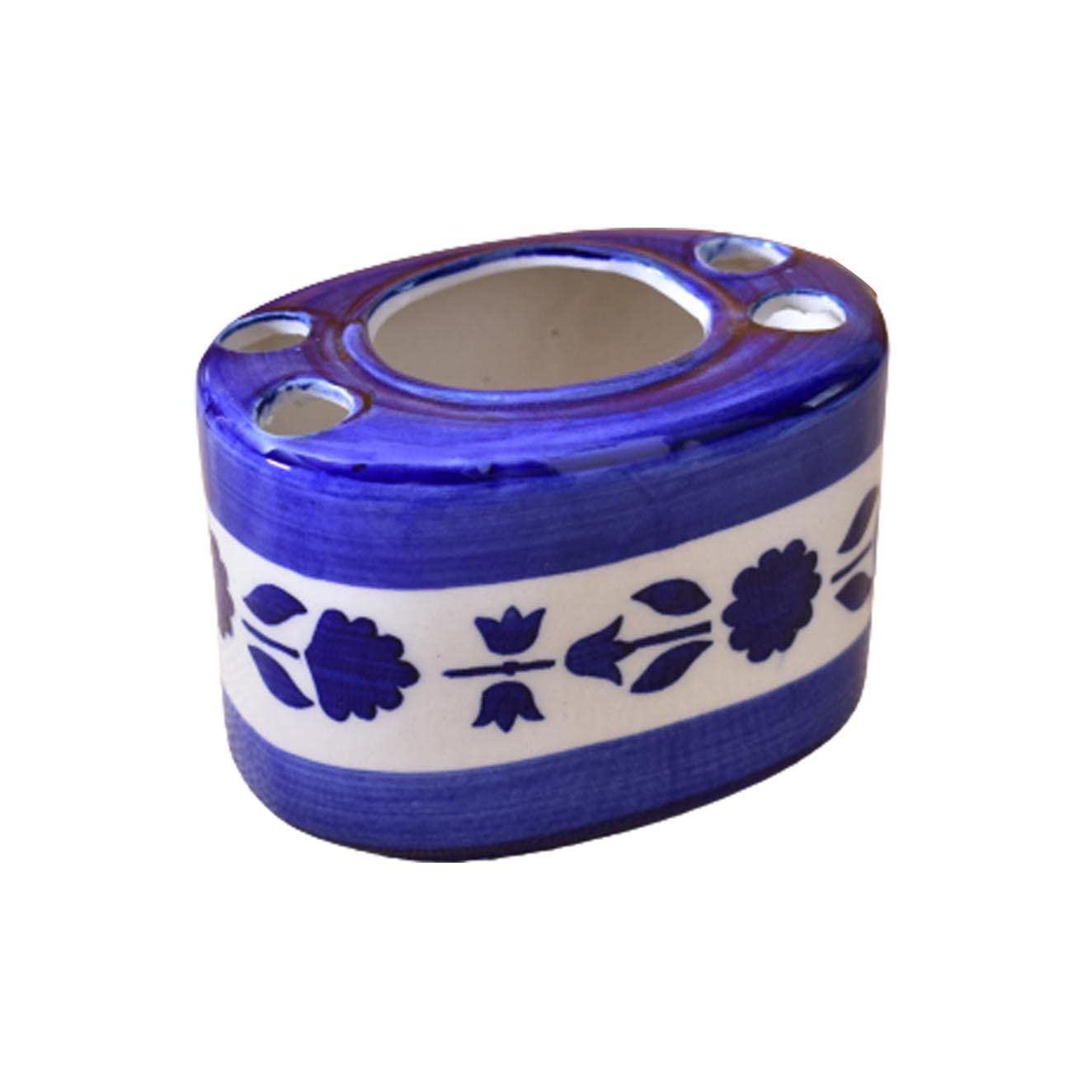 KunhaR Ceramic Toothbrush Holder Stand for Bathroom - Color Blue with Flower Painting
