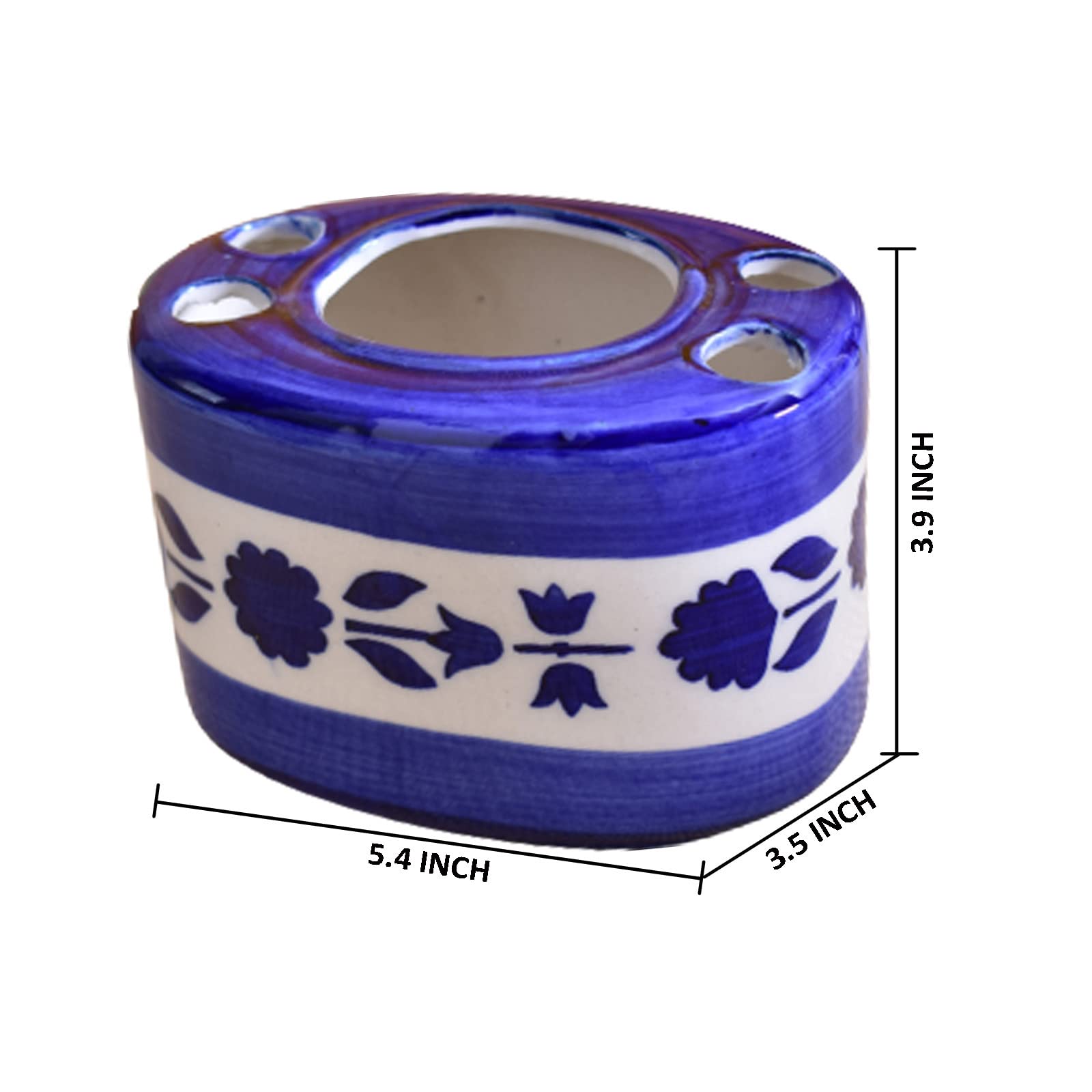 KunhaR Ceramic Toothbrush Holder Stand for Bathroom - Color Blue with Flower Painting — product view 2