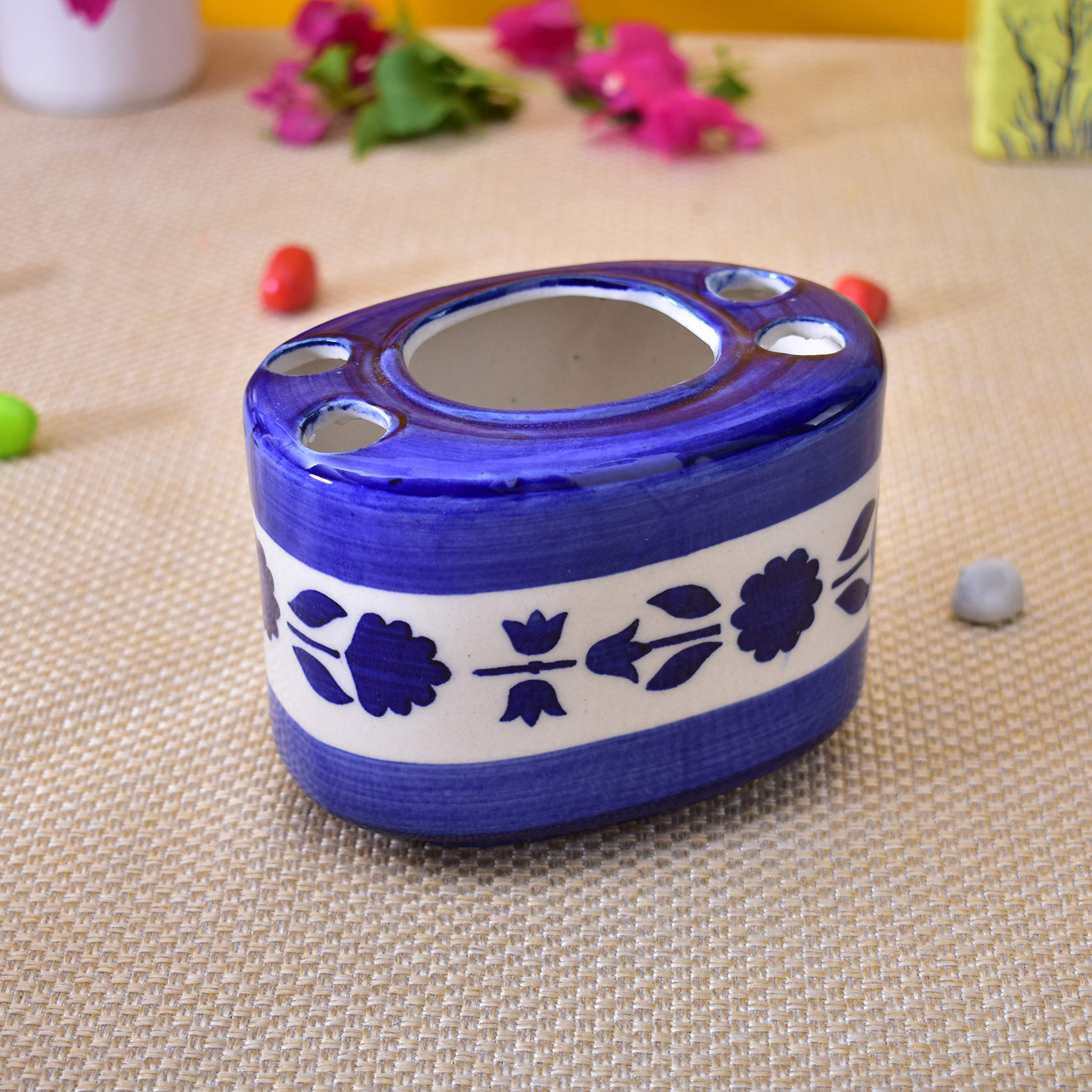 KunhaR Ceramic Toothbrush Holder Stand for Bathroom - Color Blue with Flower Painting — product view 3