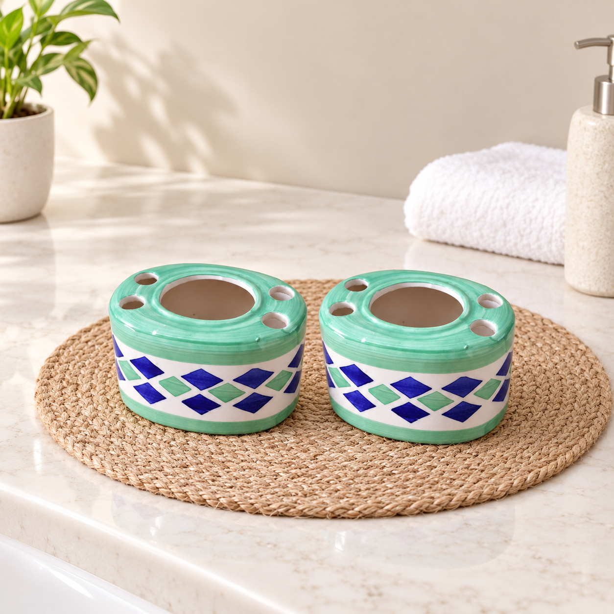 KunhaR Ceramic Toothbrush Holder Stand Set of 2, Green | 4 Toothbrush Slots & Central Toothpaste Compartment | Bathroom Counter Organizer