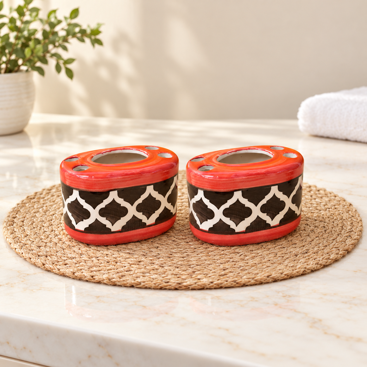 KunhaR Ceramic Toothbrush Holder Stand Set of 2, Red Black | 4 Toothbrush Slots & Central Toothpaste Compartment | Bathroom Counter Organizer