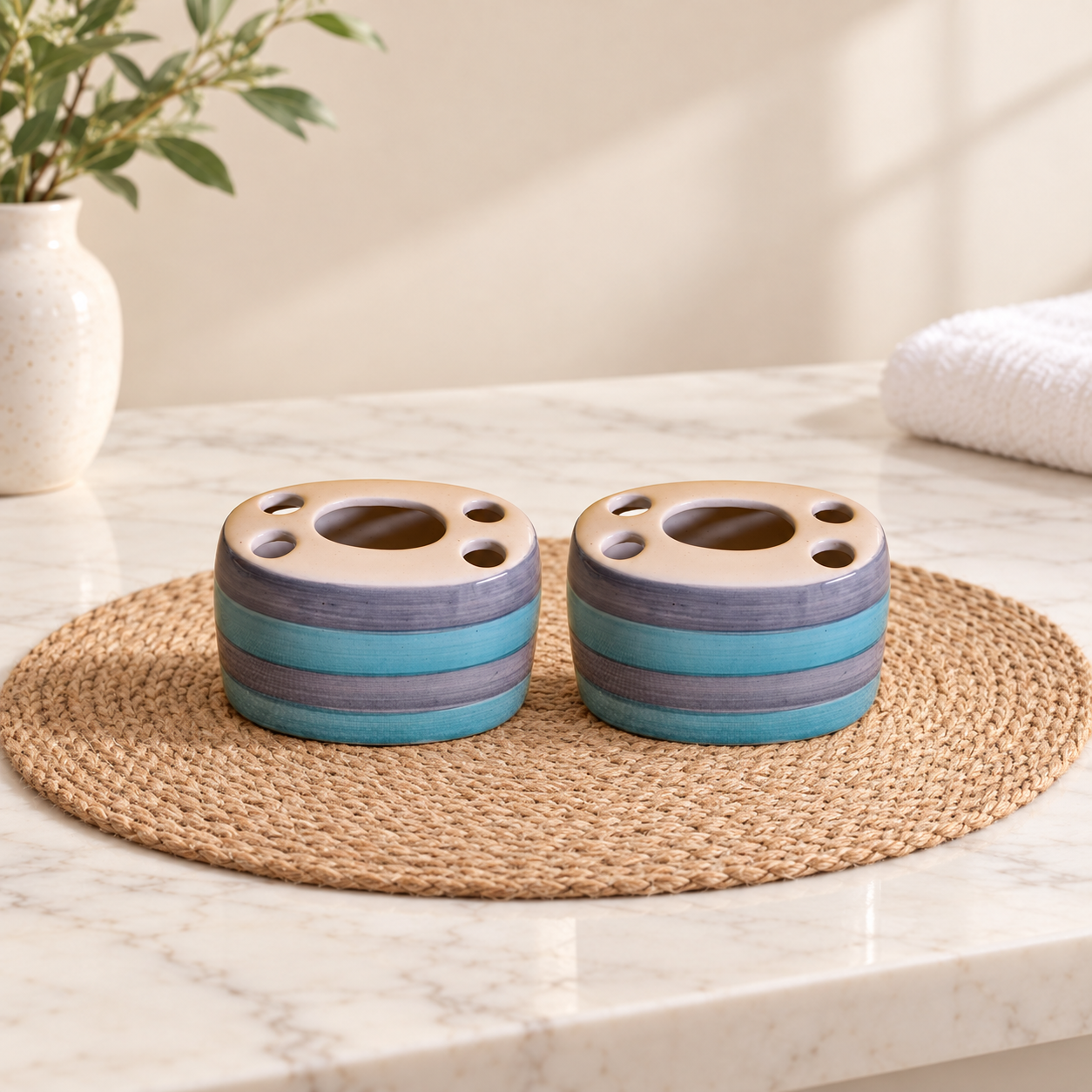 KunhaR Ceramic Toothbrush Holder Stand Set of 2, Moonstone Blue | 4 Toothbrush Slots & Central Toothpaste Compartment | Bathroom Counter Organizer