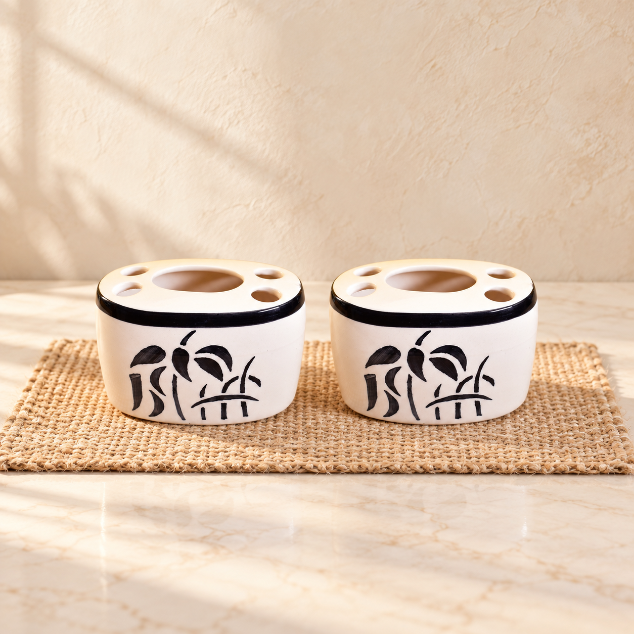 KunhaR Ceramic Toothbrush Holder Stand Set of 2, White Tree | 4 Toothbrush Slots & Central Toothpaste Compartment | Bathroom Counter Organizer