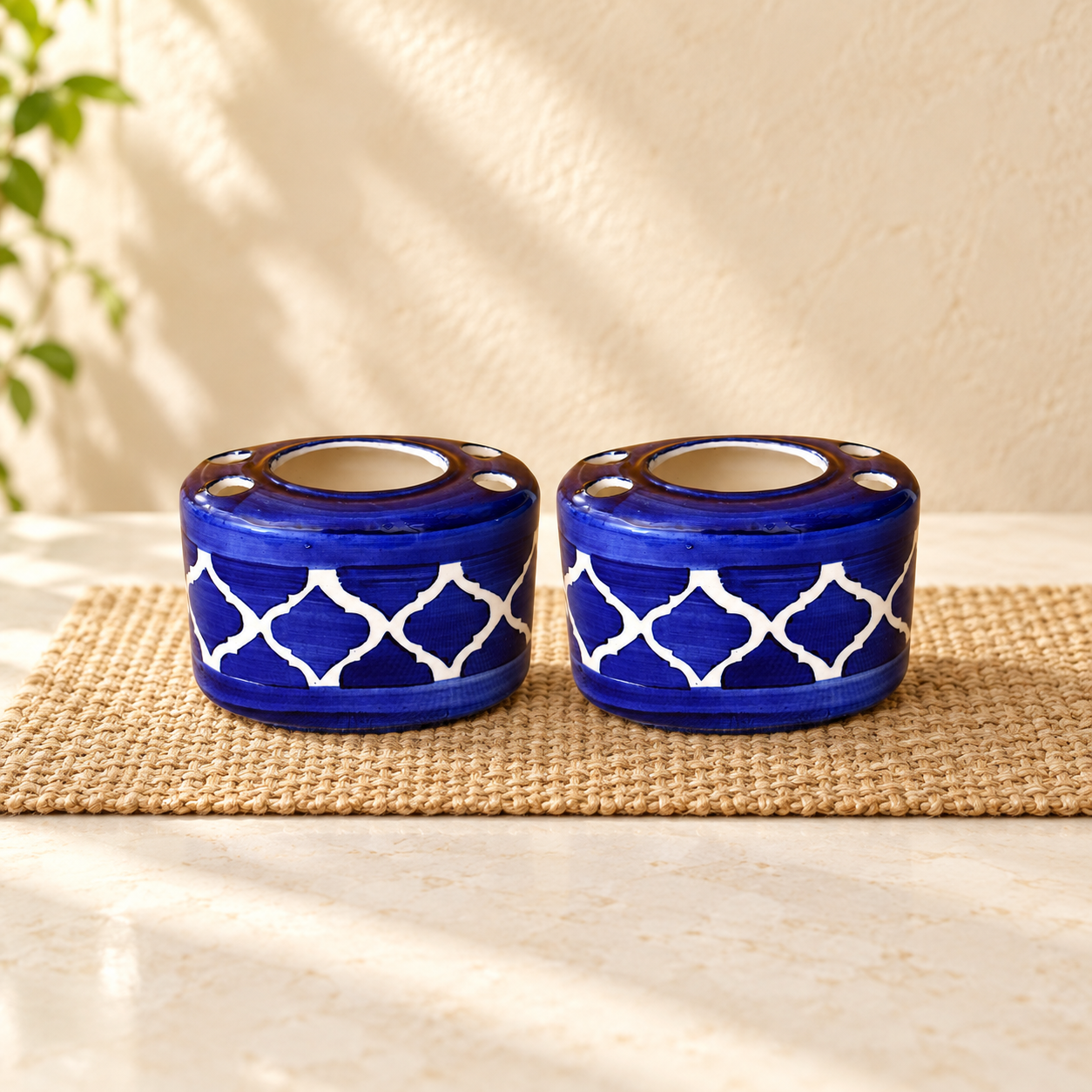 KunhaR Ceramic Toothbrush Holder Stand Set of 2, Blue Chidi | 4 Toothbrush Slots & Central Toothpaste Compartment | Bathroom Counter Organizer