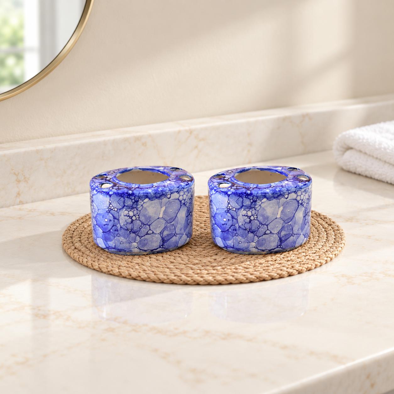 KunhaR Ceramic Toothbrush Holder Stand Set of 2, Blue Luster | 4 Toothbrush Slots & Central Toothpaste Compartment | Bathroom Counter Organizer
