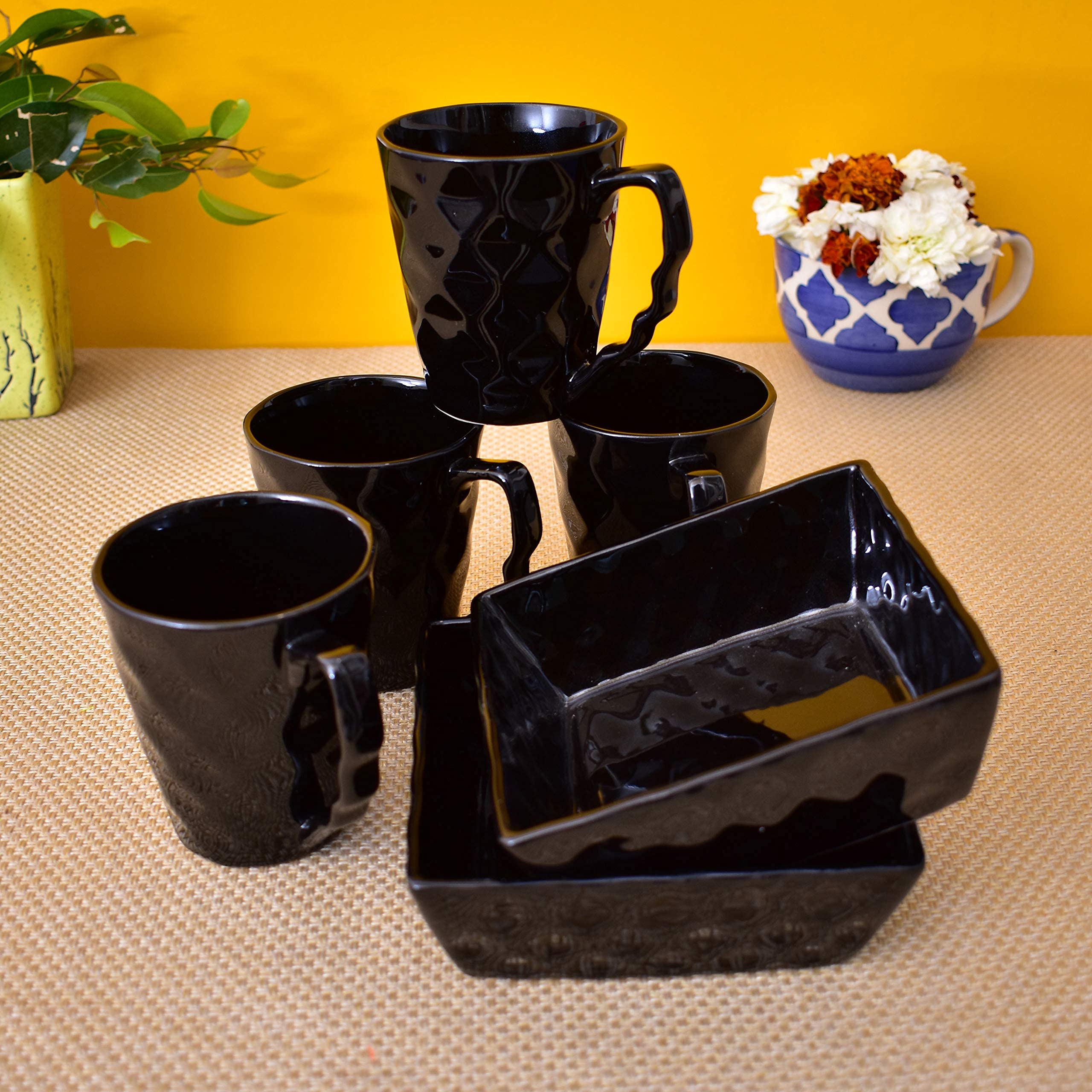 Kunhar Ceramic Diamond Cut Shape Tea Cups and Snack Tray (4 Cups 250 ML and 2 Snack Trays), Color Black - Image 2