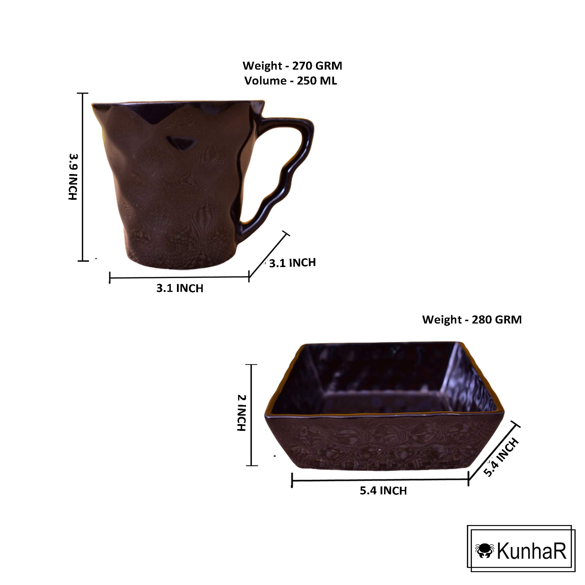 Kunhar Ceramic Diamond Cut Shape Tea Cups and Snack Tray (4 Cups 250 ML and 2 Snack Trays), Color Black - Image 3