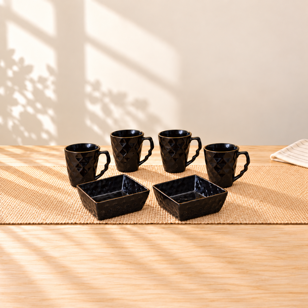 Kunhar Ceramic Diamond Cut Shape Tea Cups and Snack Tray (4 Cups 250 ML and 2 Snack Trays), Color Black