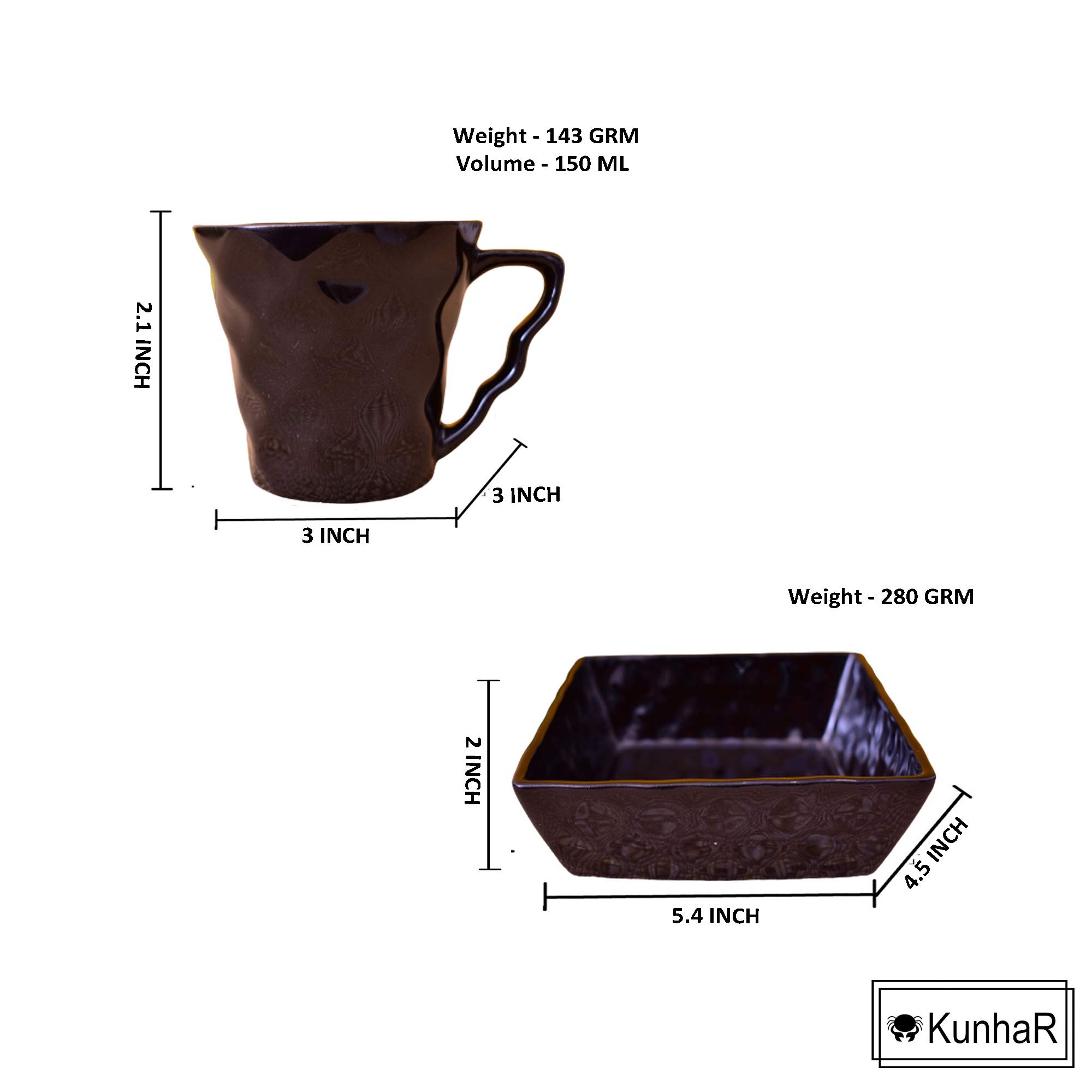 Kunhar Ceramic Diamond Cut Shape Tea Cups and Snack Tray (6 Cups 150 ML and 2 Snack Trays) - Image 3