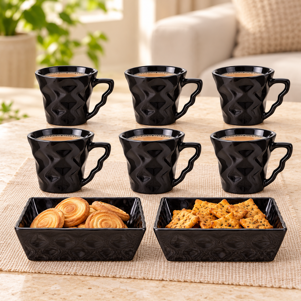Kunhar Ceramic Diamond Cut Shape Tea Cups and Snack Tray (6 Cups 150 ML and 2 Snack Trays)