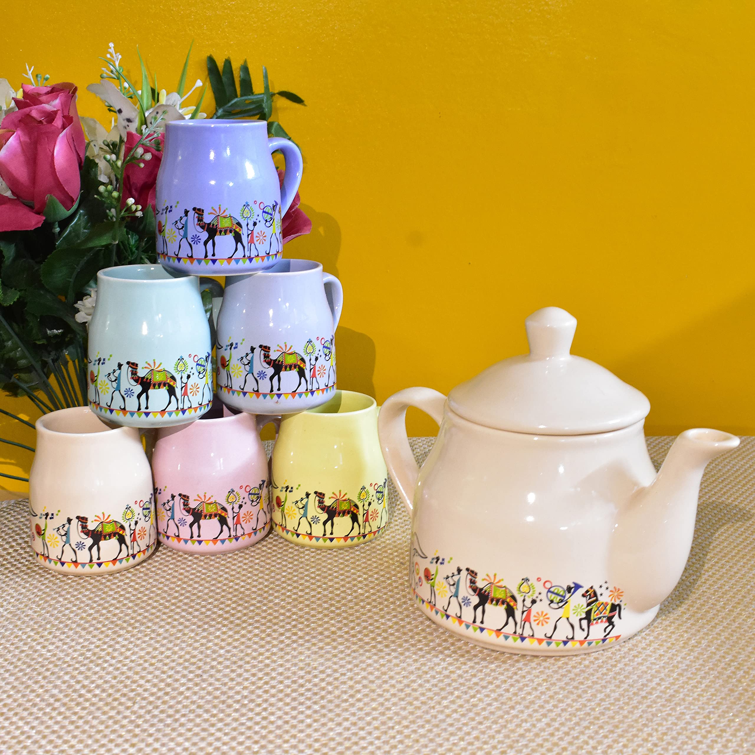 Kunhar Ceramic 6 Cups and 1 Kettle Tea Cup Set - Multicolor - Image 3