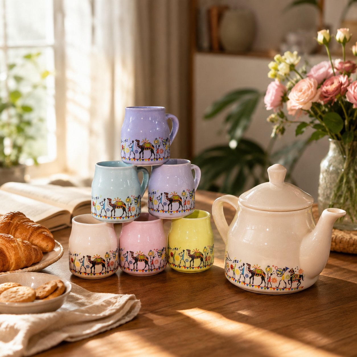 Kunhar Ceramic 6 Cups and 1 Kettle Tea Cup Set - Multicolor - Image 5
