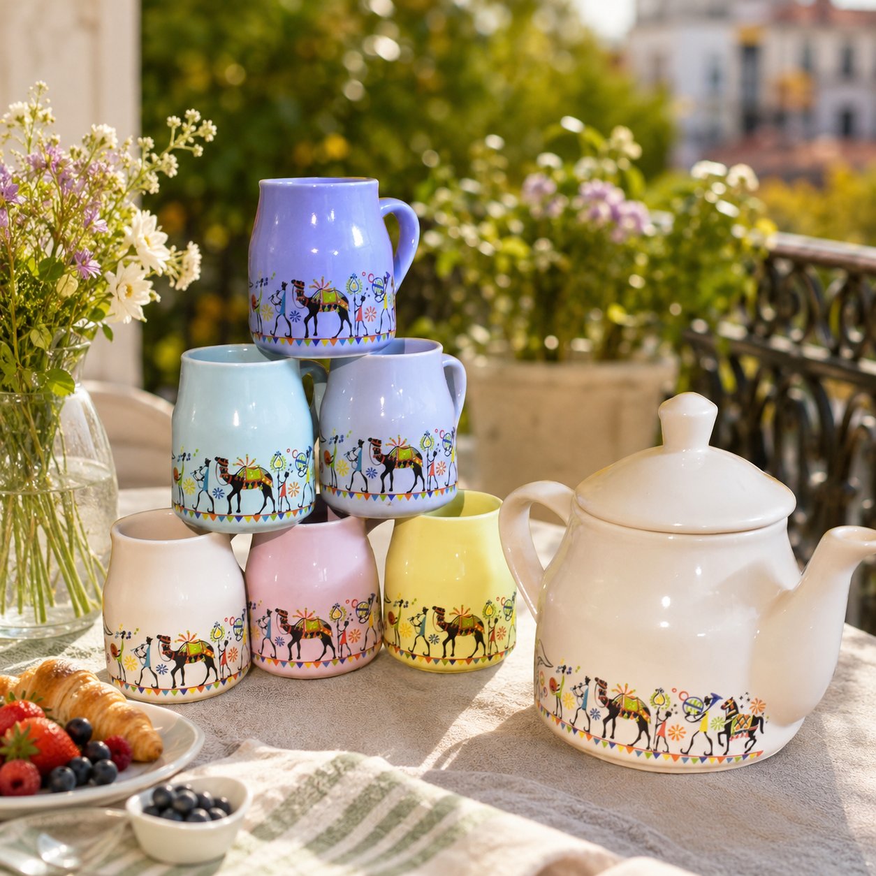 Kunhar Ceramic 6 Cups and 1 Kettle Tea Cup Set - Multicolor - Image 4
