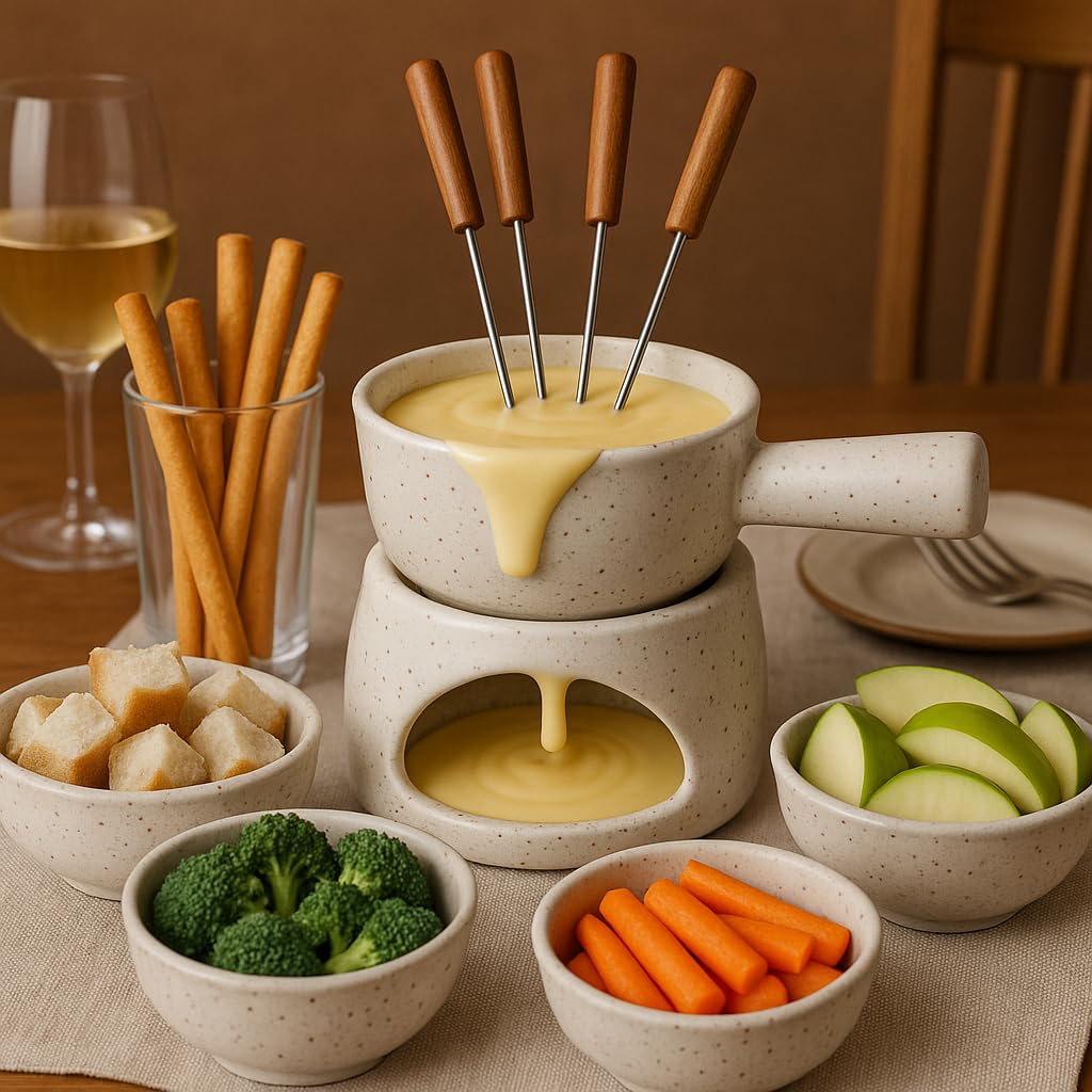 KunhaR Ceramic Fondue Set (1 Piece of Fondue Set, 2 Tea Light Candle), White Matt - Image 5
