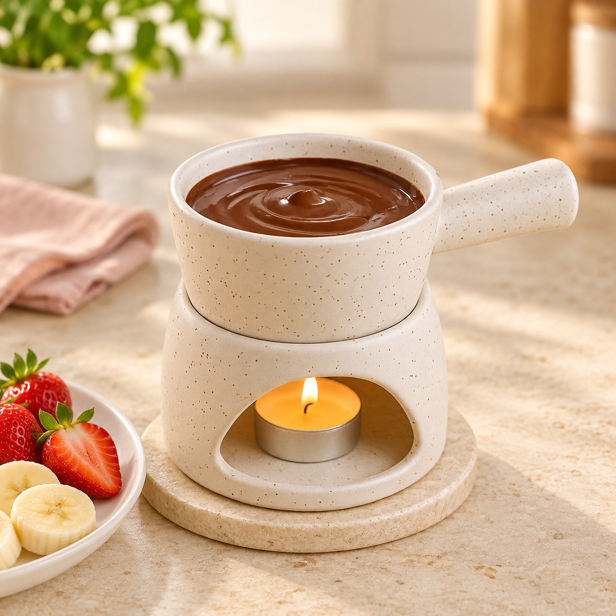 KunhaR Ceramic Fondue Set (1 Piece of Fondue Set, 2 Tea Light Candle), White Matt - Image 2