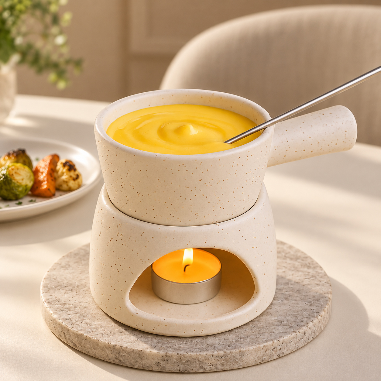 KunhaR Ceramic Fondue Set (1 Piece of Fondue Set, 2 Tea Light Candle), White Matt - Image 3