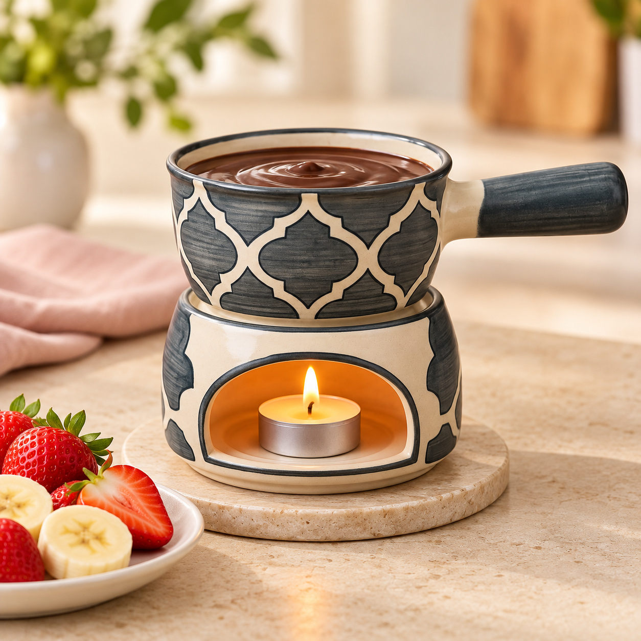 KunhaR Ceramic Fondue Set (1 Piece of Fondue Set, 2 Tea Light Candle), Grey - Image 2