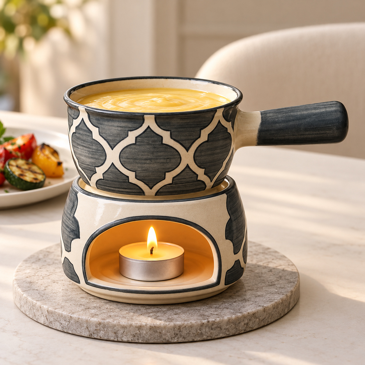 KunhaR Ceramic Fondue Set (1 Piece of Fondue Set, 2 Tea Light Candle), Grey - Image 3