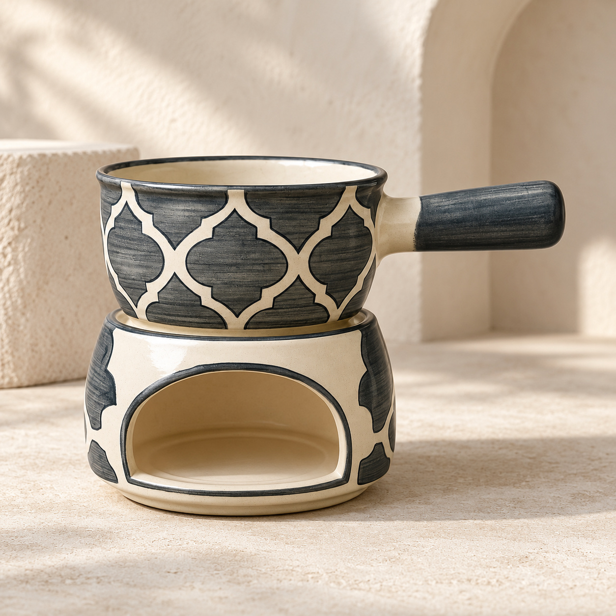KunhaR Ceramic Fondue Set (1 Piece of Fondue Set, 2 Tea Light Candle), Grey - Image 4