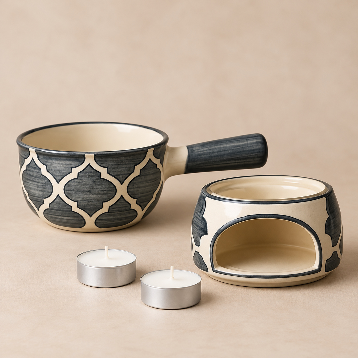 KunhaR Ceramic Fondue Set (1 Piece of Fondue Set, 2 Tea Light Candle), Grey - Image 5