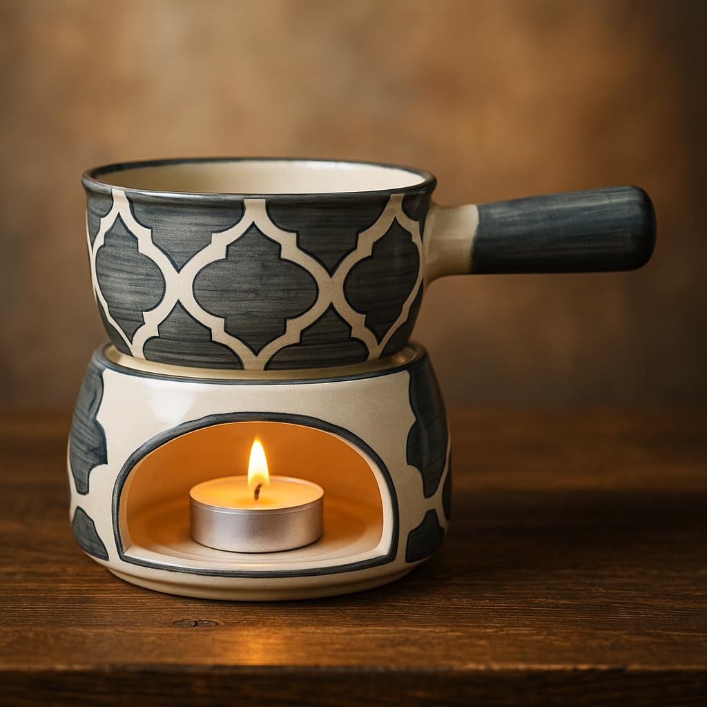 KunhaR Ceramic Fondue Set (1 Piece of Fondue Set, 2 Tea Light Candle), Grey