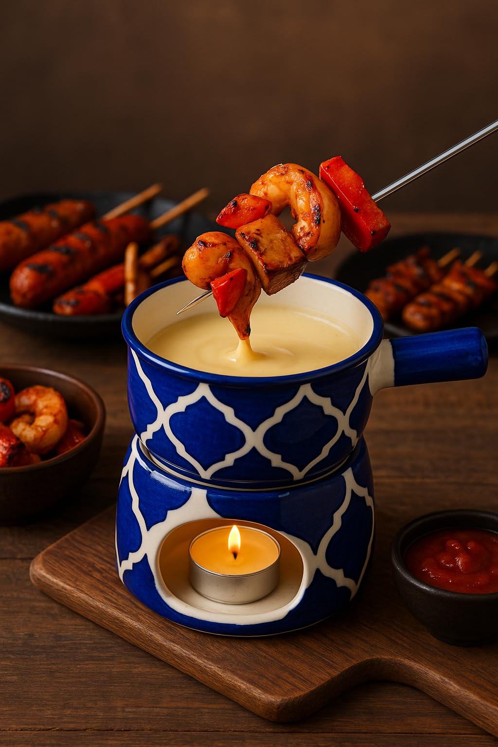 KunhaR Ceramic Fondue Set (1 Piece of Fondue Set, 2 Tea Light Candle), Blue Chidi - Image 4