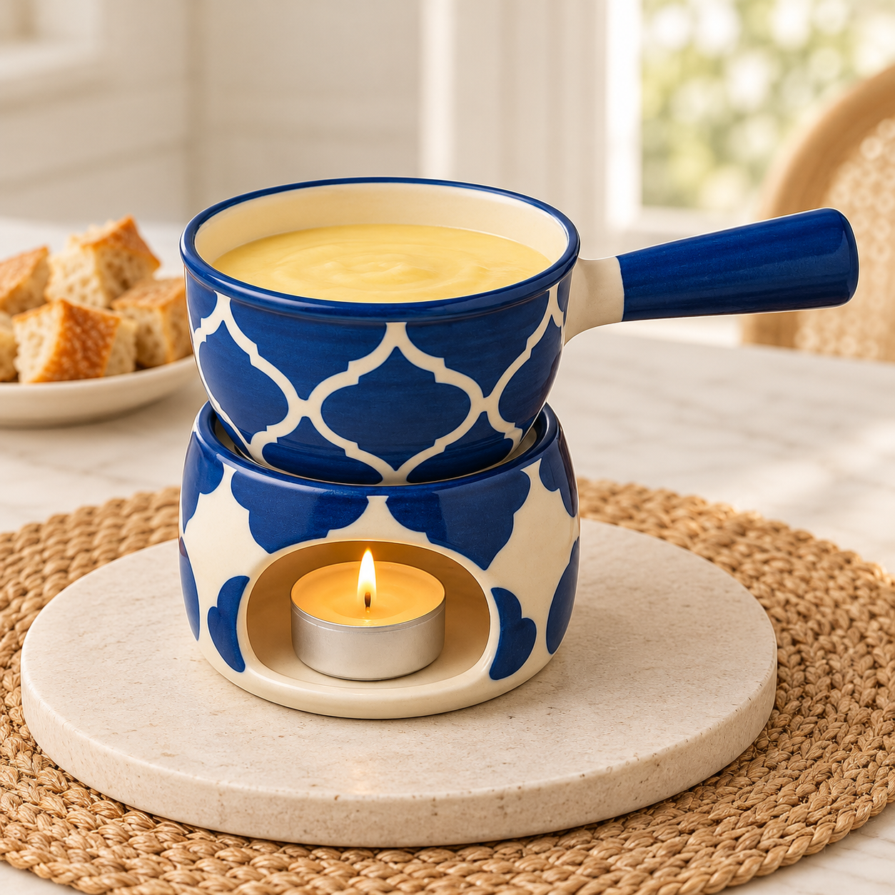 KunhaR Ceramic Fondue Set (1 Piece of Fondue Set, 2 Tea Light Candle), Blue Chidi
