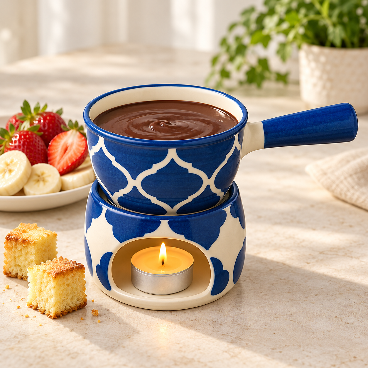 KunhaR Ceramic Fondue Set (1 Piece of Fondue Set, 2 Tea Light Candle), Blue Chidi - Image 2