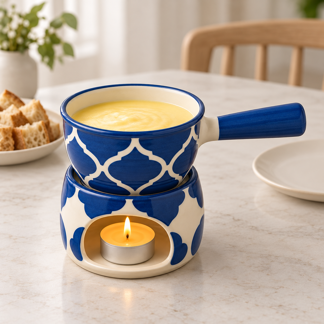 KunhaR Ceramic Fondue Set (1 Piece of Fondue Set, 2 Tea Light Candle), Blue Chidi - Image 3