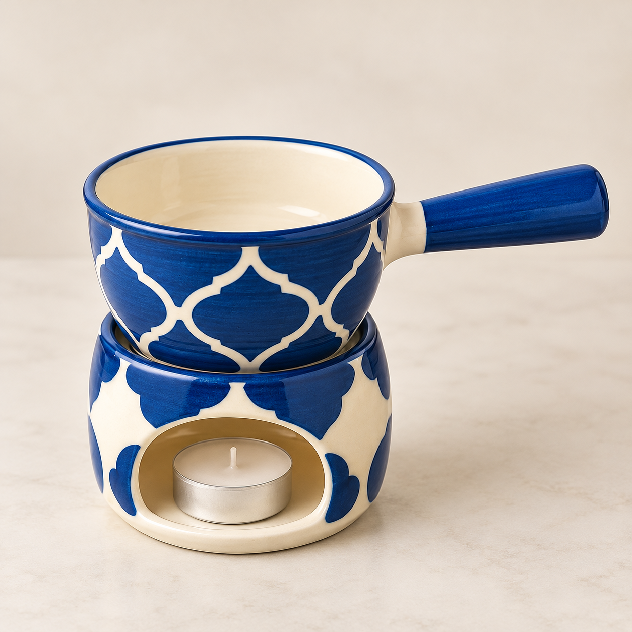KunhaR Ceramic Fondue Set (1 Piece of Fondue Set, 2 Tea Light Candle), Blue Chidi - Image 4