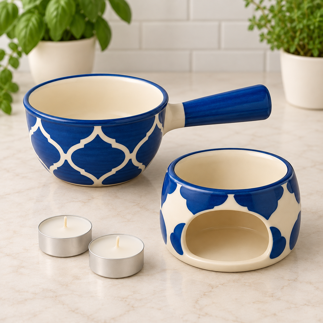 KunhaR Ceramic Fondue Set (1 Piece of Fondue Set, 2 Tea Light Candle), Blue Chidi - Image 5