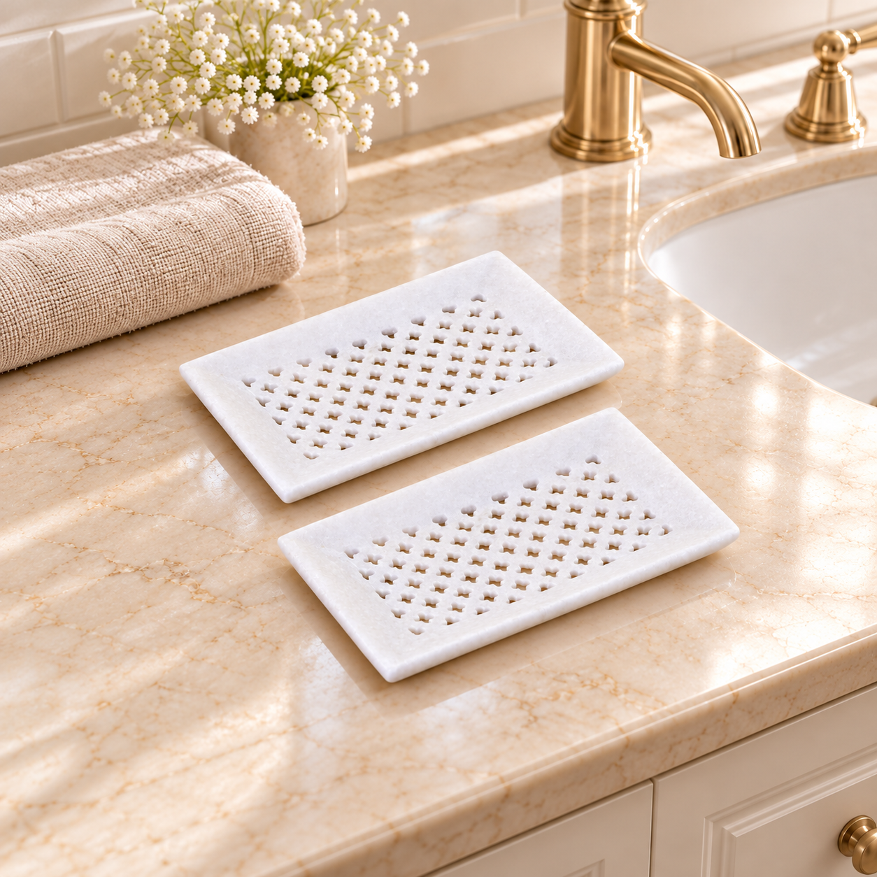 KunhaR Natural White Marble Soap Dish Set of 2 | Handcrafted Bathroom & Sink Accessory