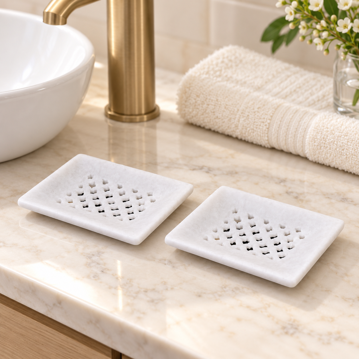 KunhaR White Marble Soap Dish Set of 2 | Handcrafted Stone Tray for Bathroom, Sink & Shower