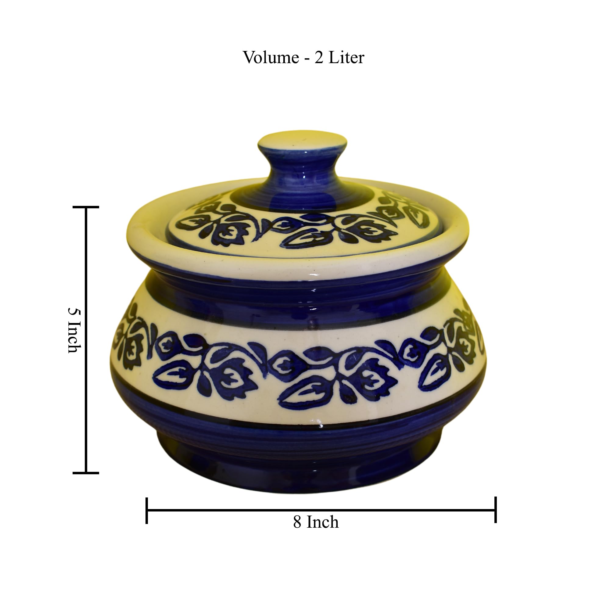 KunhaR Ceramic Handi 2 Liter, 1 Piece, Blue Vine, (Size 1 No) - Image 2