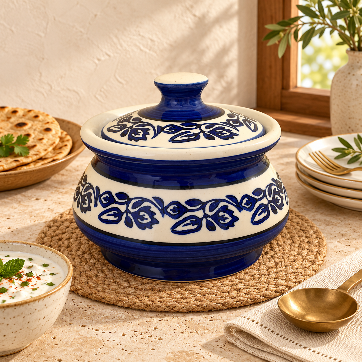 KunhaR Ceramic Handi 2 Liter, 1 Piece, Blue Vine, (Size 1 No)