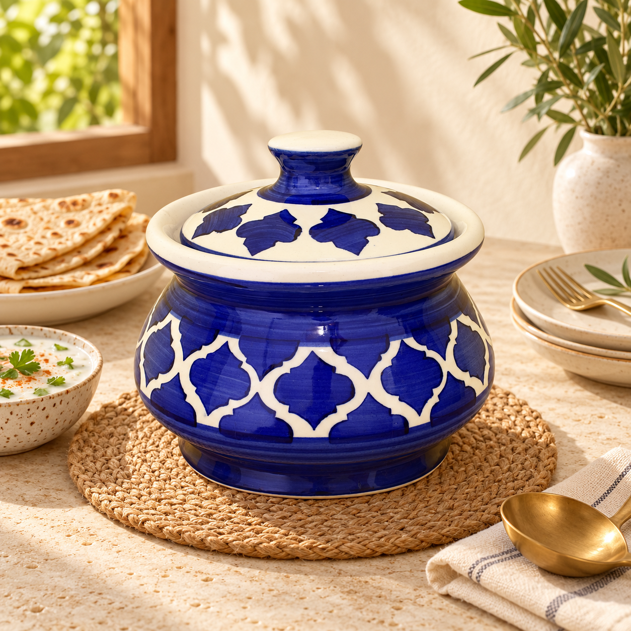 KunhaR Ceramic Handi 2 Liter, 1 Piece, Blue Chidi, (Size 1 No)