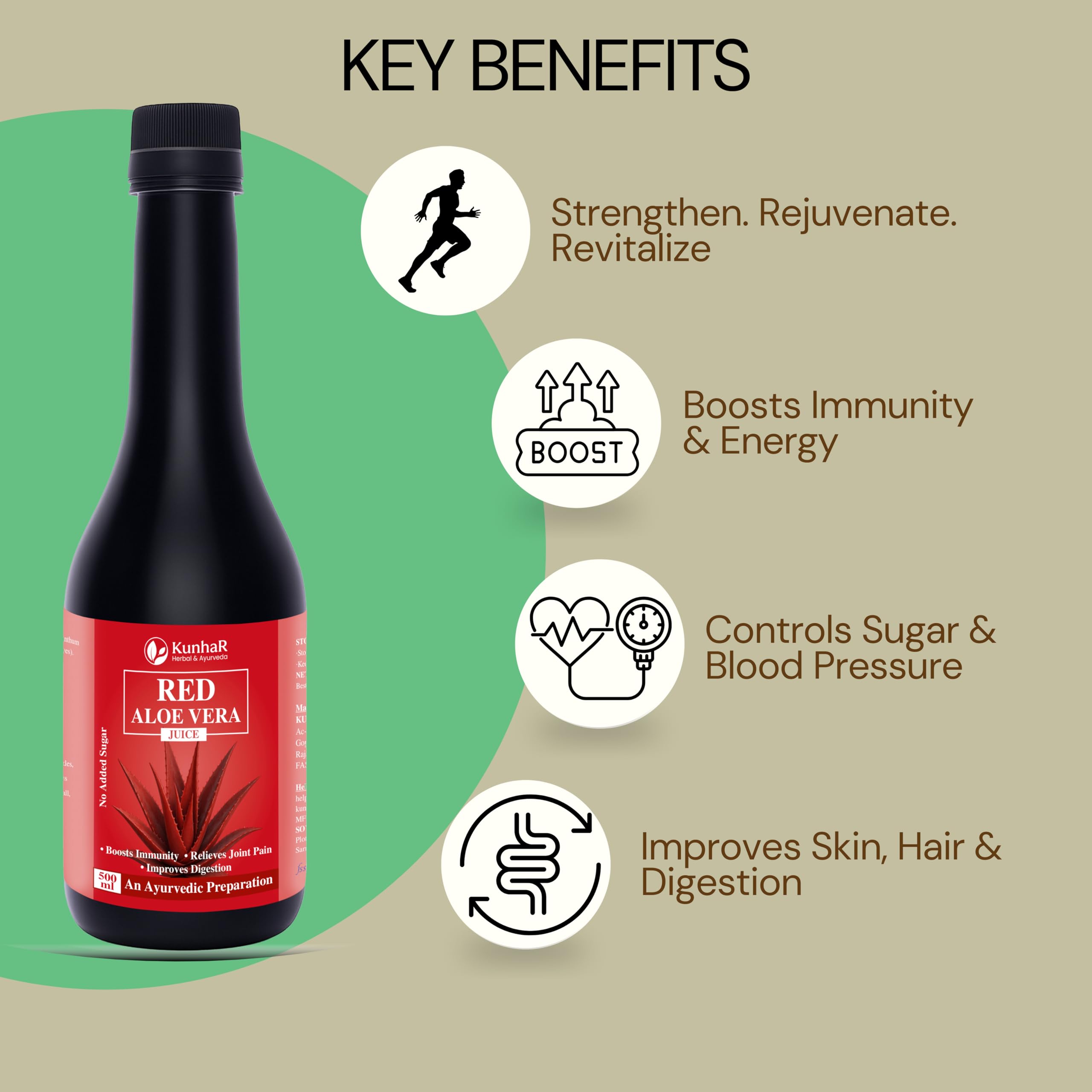 KunhaR Red Aloe Vera Juice 500ml – No Added Sugar – Ayurvedic Juice for Immunity Boost, Joint Pain Relief & Digestion Support (Pack of 1) - Image 5