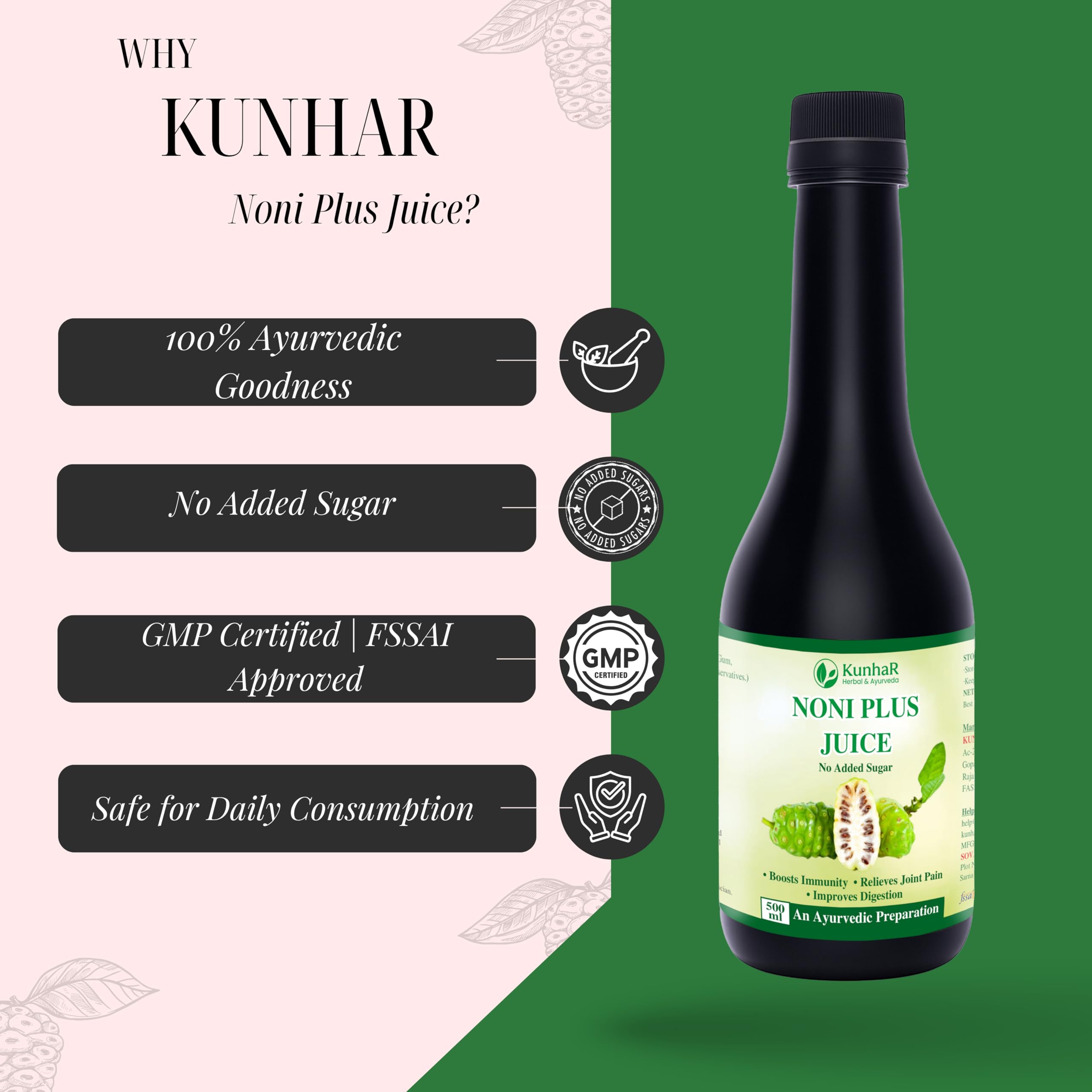 KunhaR Noni Plus Juice – 500ml | Herbal Health Tonic for Immunity, Digestion & Detox | Enriched with Natural Antioxidants | No Added Sugar (Pack of 1) - Image 5