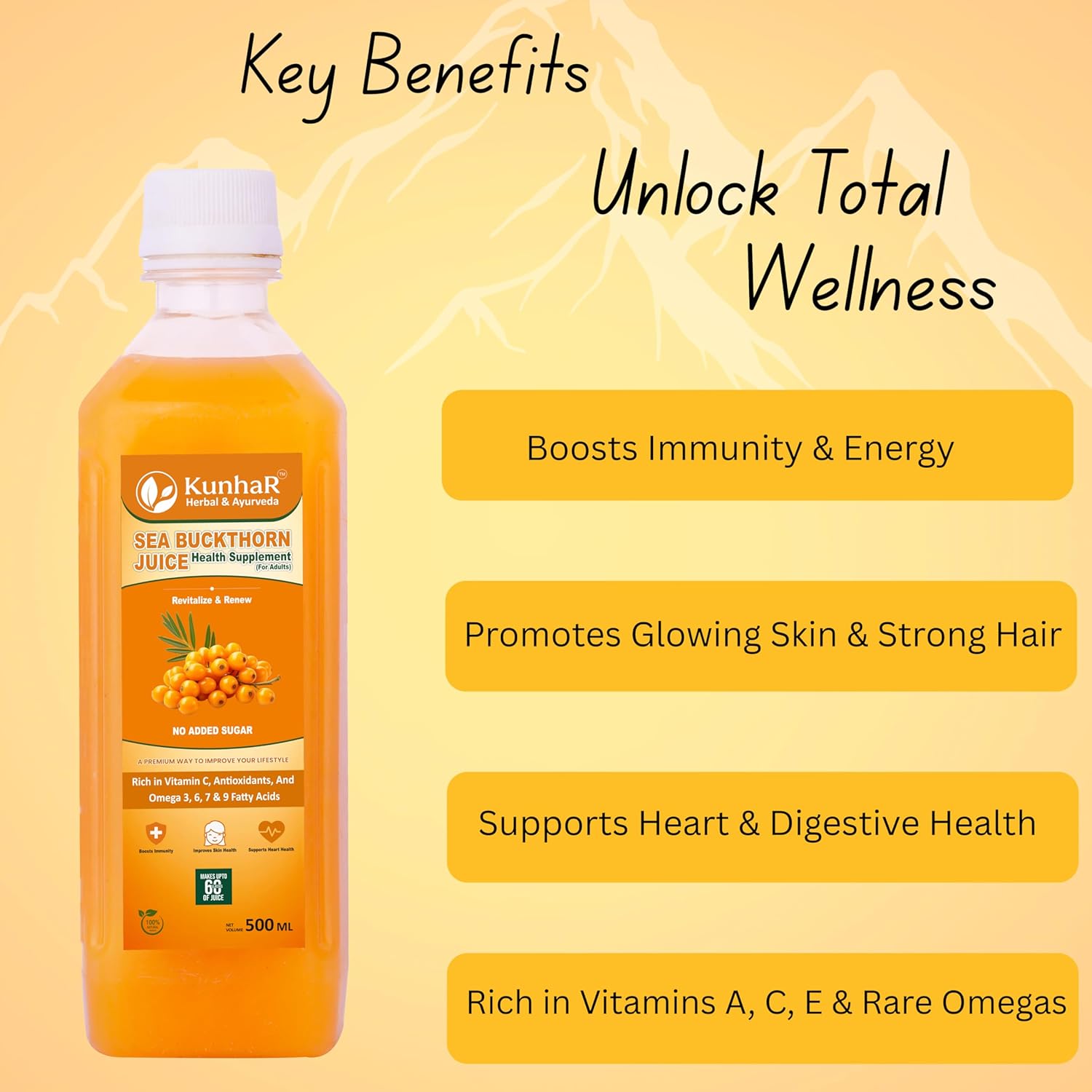 KunhaR Sea Buckthorn Juice (Pack of 2) | Health Supplement for Adults | No Added Sugar | Rich in Vitamin C, Omega 3, 6, 7 & 9 | Improves Skin & Immunity - Image 4