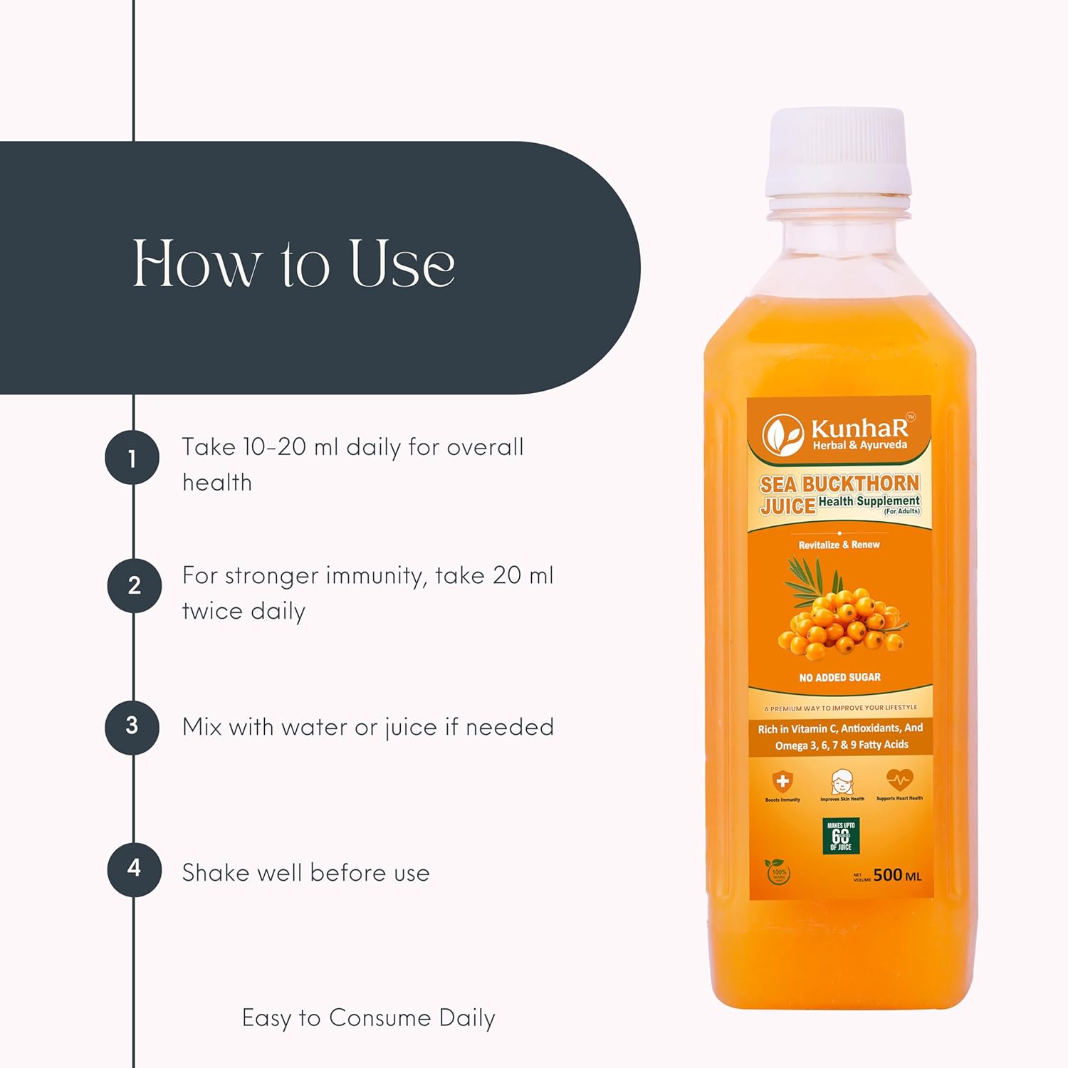 KunhaR Sea Buckthorn Juice (Pack of 2) | Health Supplement for Adults | No Added Sugar | Rich in Vitamin C, Omega 3, 6, 7 & 9 | Improves Skin & Immunity - Image 9