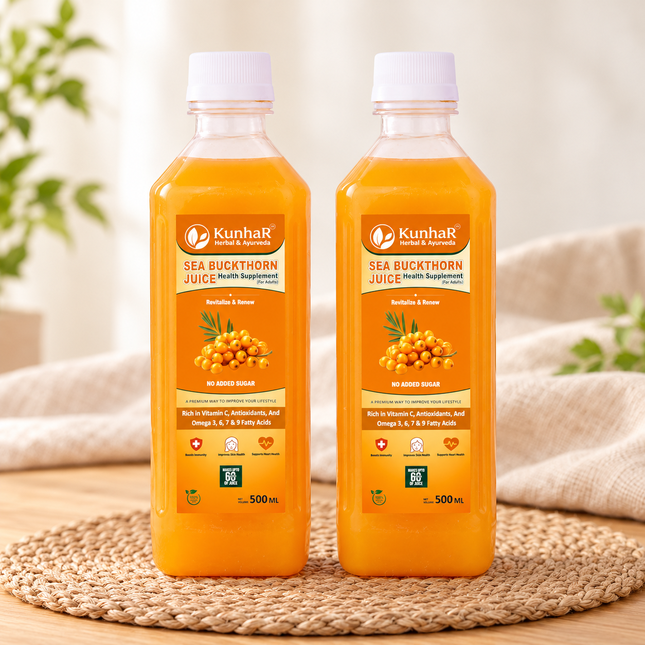 KunhaR Sea Buckthorn Juice (Pack of 2) | Health Supplement for Adults | No Added Sugar | Rich in Vitamin C, Omega 3, 6, 7 & 9 | Improves Skin & Immunity