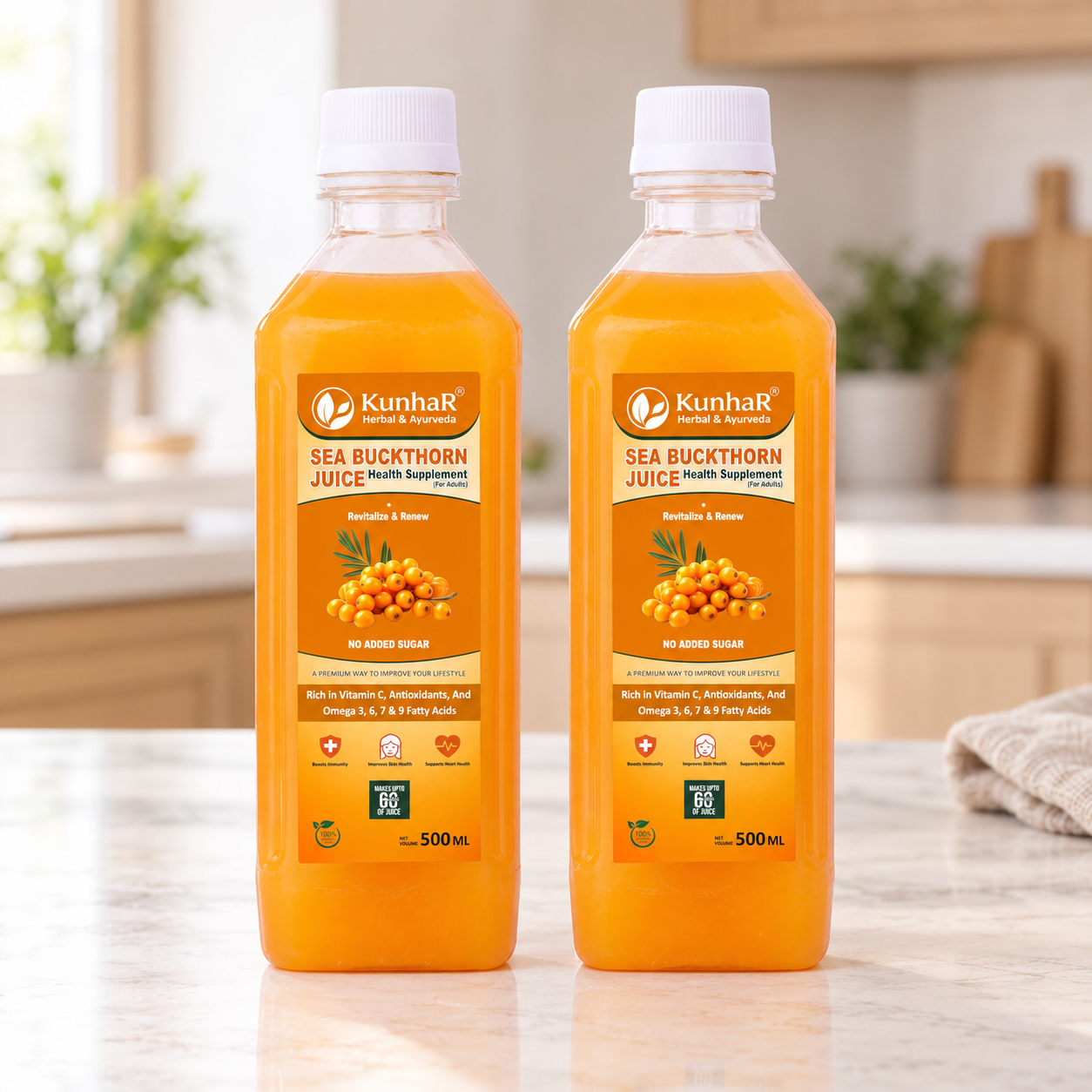 KunhaR Sea Buckthorn Juice (Pack of 2) | Health Supplement for Adults | No Added Sugar | Rich in Vitamin C, Omega 3, 6, 7 & 9 | Improves Skin & Immunity - Image 3