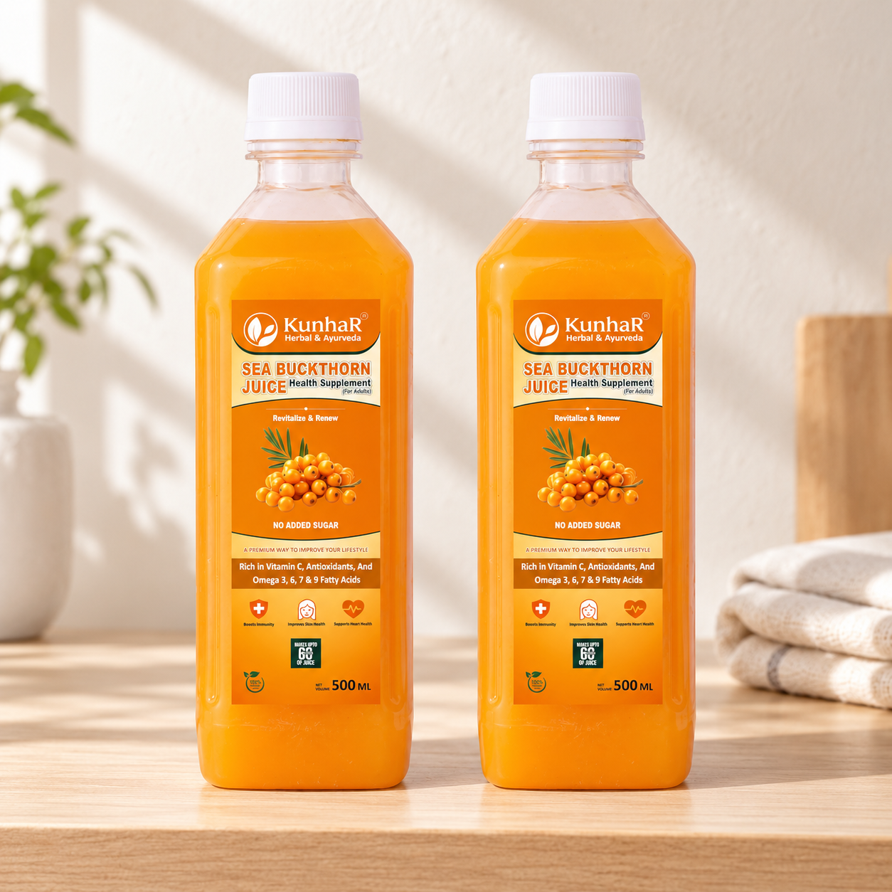 KunhaR Sea Buckthorn Juice (Pack of 2) | Health Supplement for Adults | No Added Sugar | Rich in Vitamin C, Omega 3, 6, 7 & 9 | Improves Skin & Immunity - Image 5