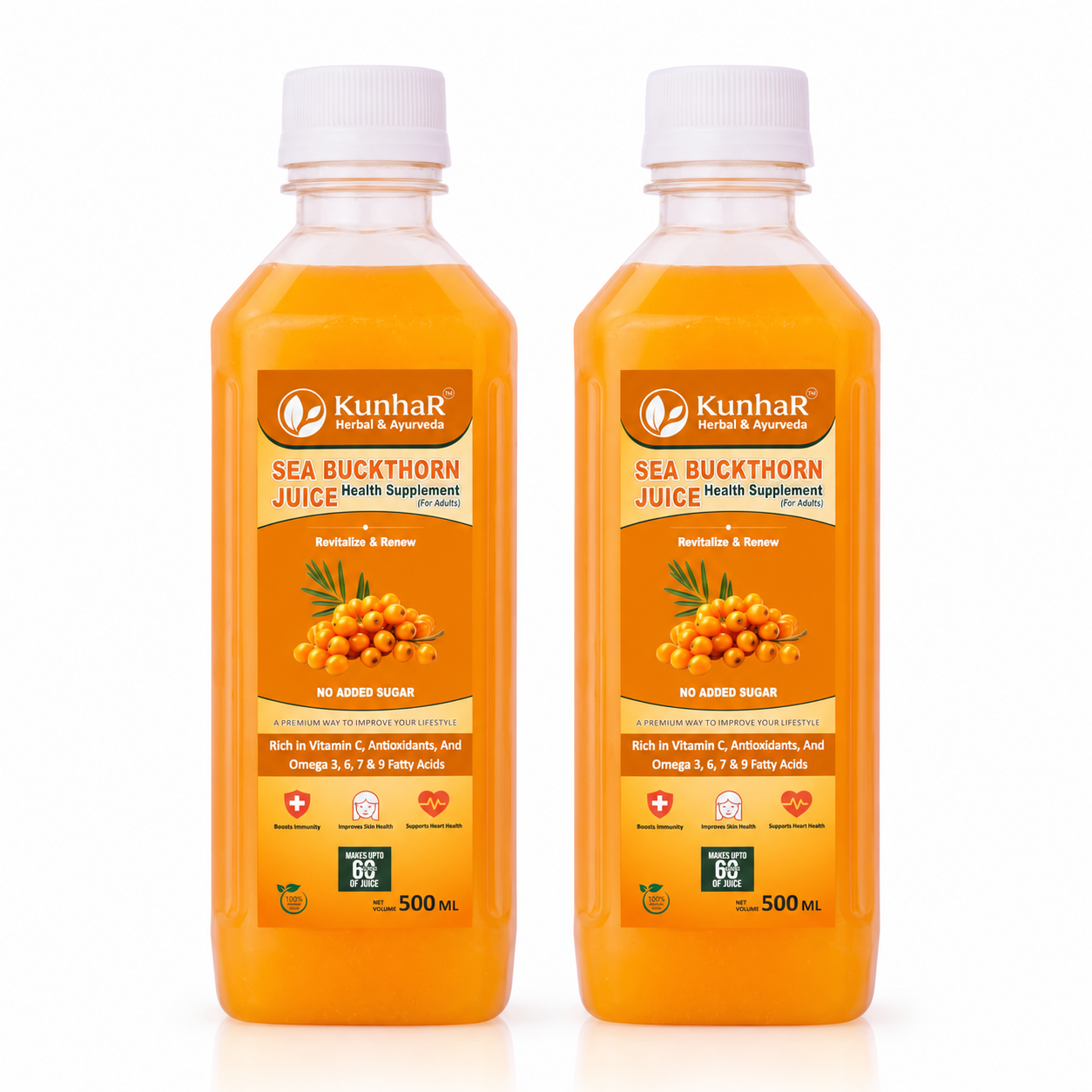 KunhaR Sea Buckthorn Juice (Pack of 2) | Health Supplement for Adults | No Added Sugar | Rich in Vitamin C, Omega 3, 6, 7 & 9 | Improves Skin & Immunity - Image 6