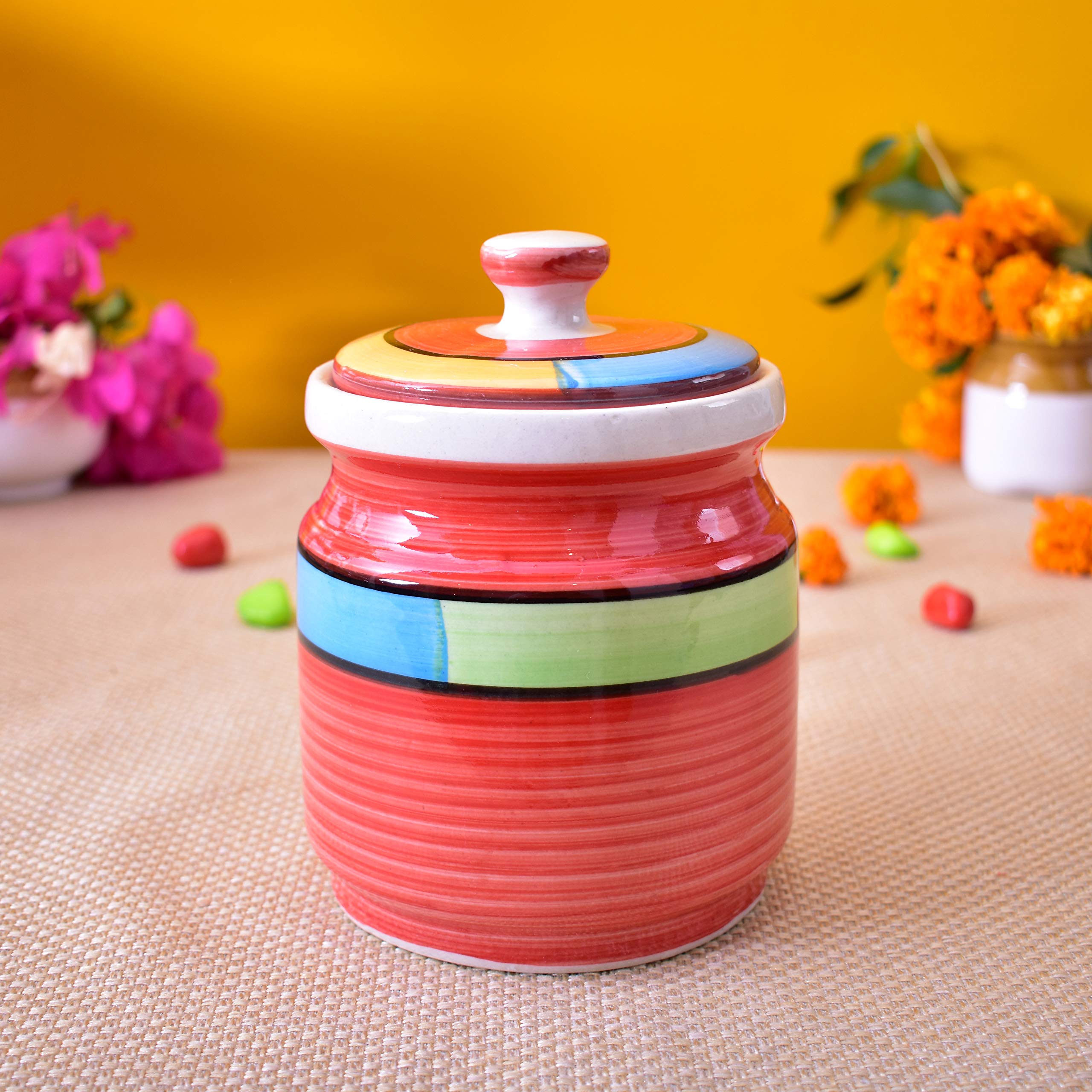 Kunhar Ceramic Jars (1000 ML) – Handcrafted Multipurpose Barni with Lid for Pickle, Chutney, Spices, Salt, Sugar – Kitchen Storage Containers, Red - Image 2