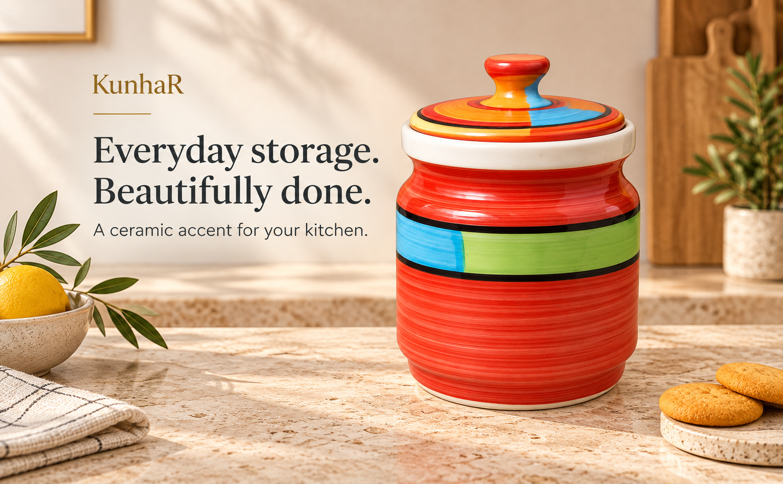 Kunhar Ceramic Jars (1000 ML) – Handcrafted Multipurpose Barni with Lid for Pickle, Chutney, Spices, Salt, Sugar – Kitchen Storage Containers, Red — hero