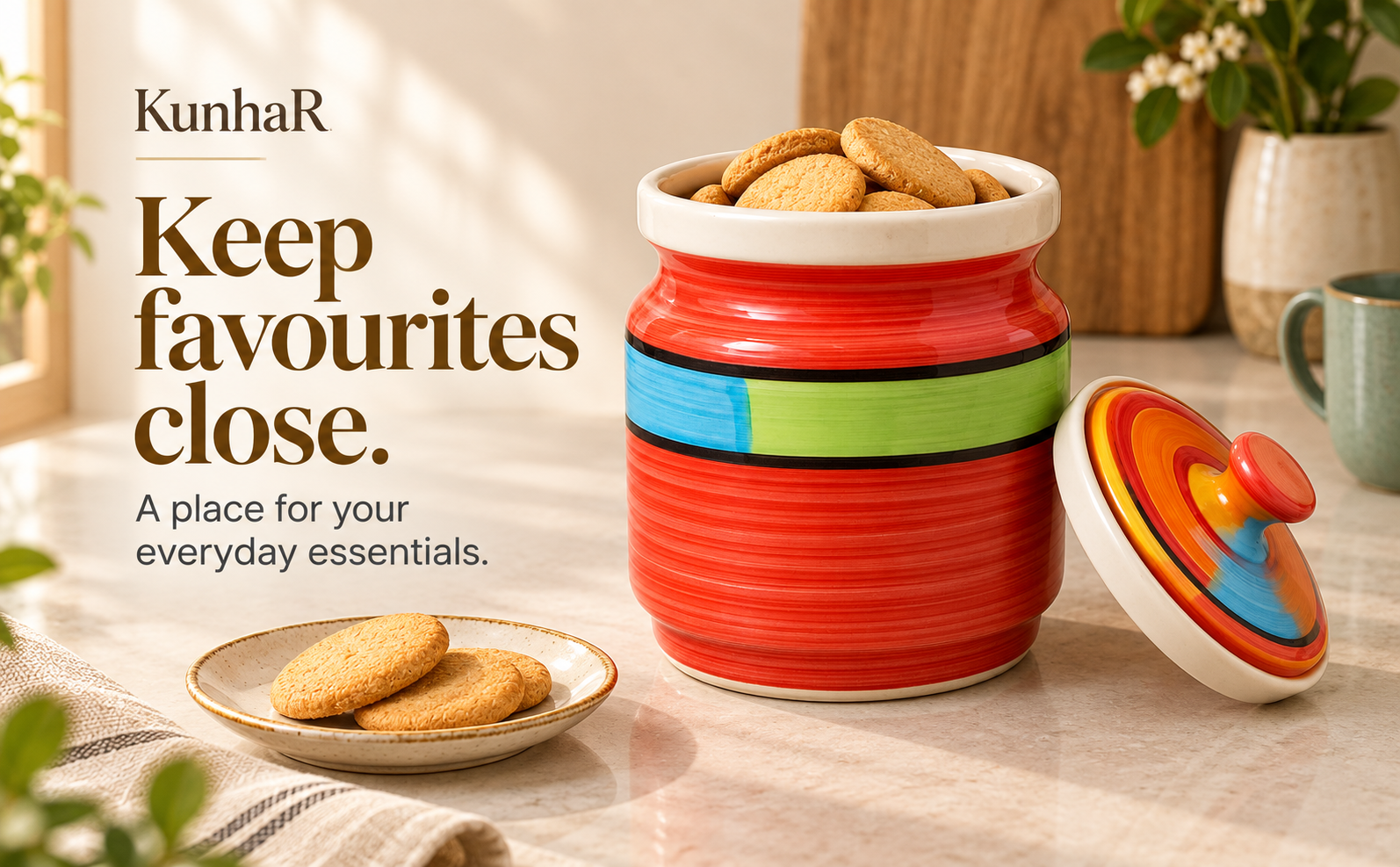 Kunhar Ceramic Jars (1000 ML) – Handcrafted Multipurpose Barni with Lid for Pickle, Chutney, Spices, Salt, Sugar – Kitchen Storage Containers, Red — store